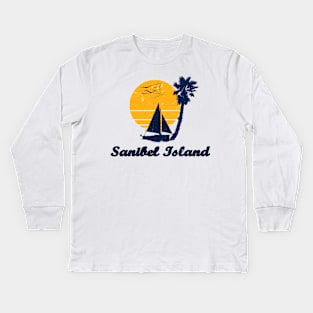 Sanibel Island. Sunset Palm Tree Sailor Bot Summer Design Kids Long Sleeve T-Shirt